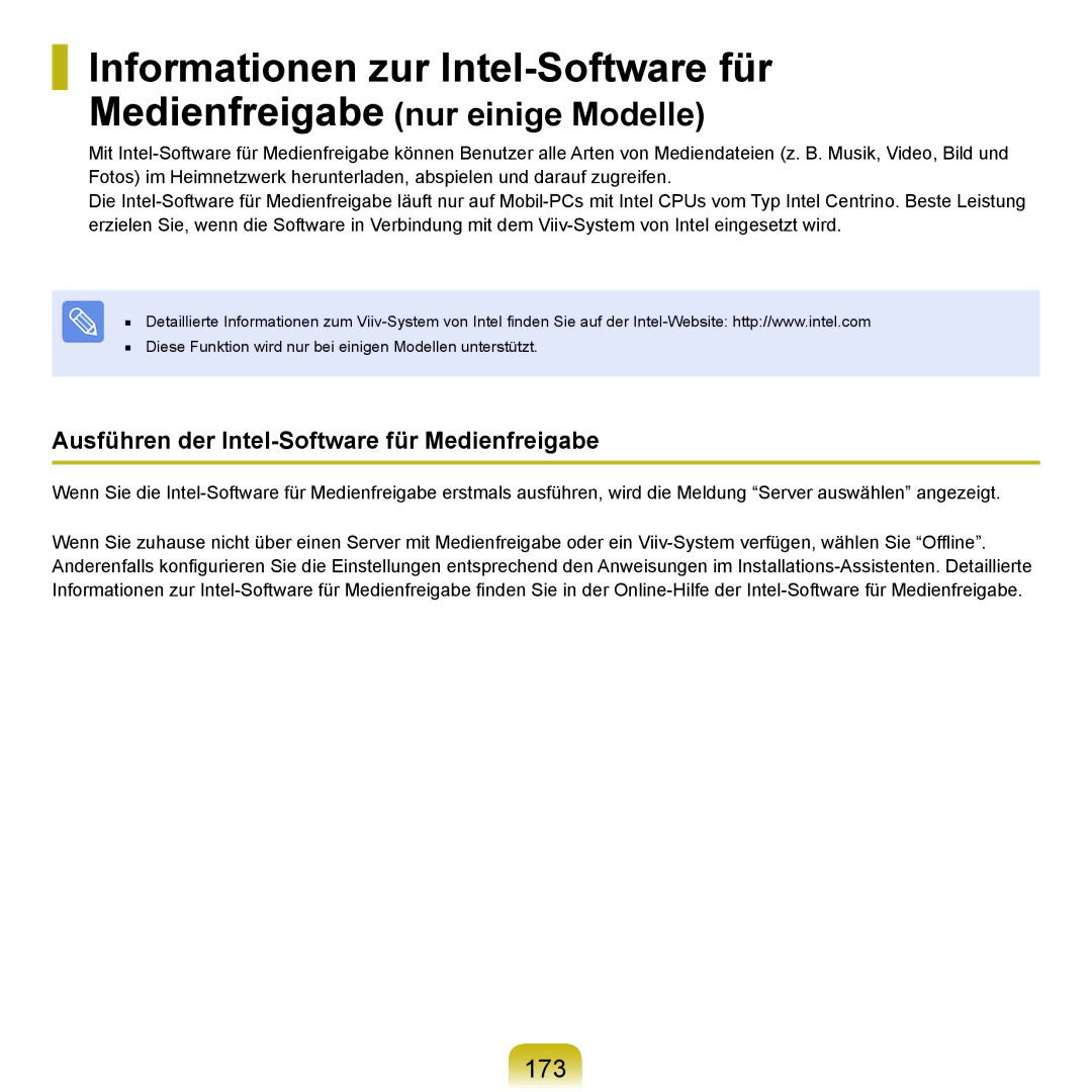 Samsung NP-P400-RA02DE manual Informationen zur Intel-Software für, 173, Ausführen der Intel-Software für Medienfreigabe 