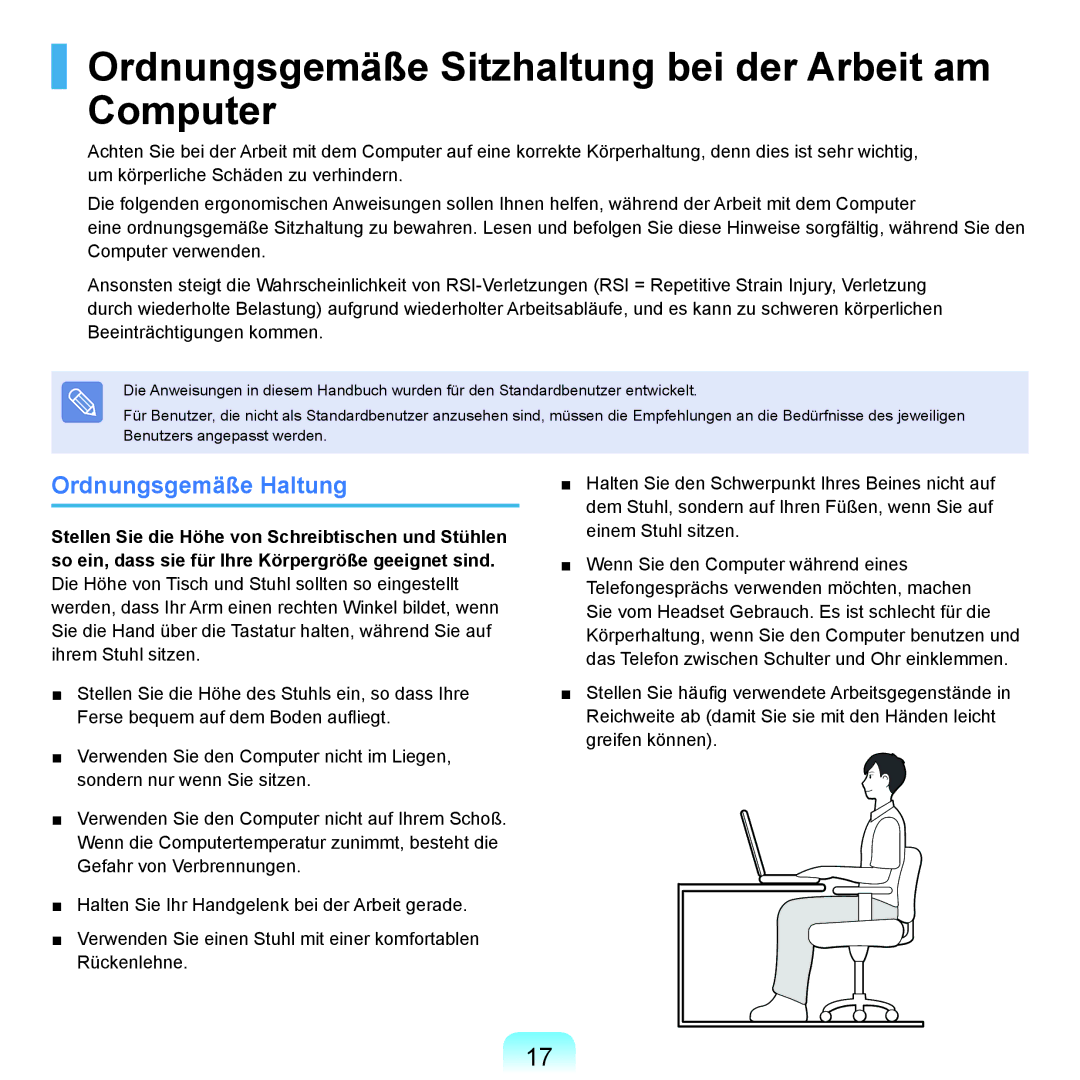 Samsung NP-P400-RA02DE, NP-P400-RA01DE manual Ordnungsgemäße Sitzhaltung bei der Arbeit am Computer, Ordnungsgemäße Haltung 