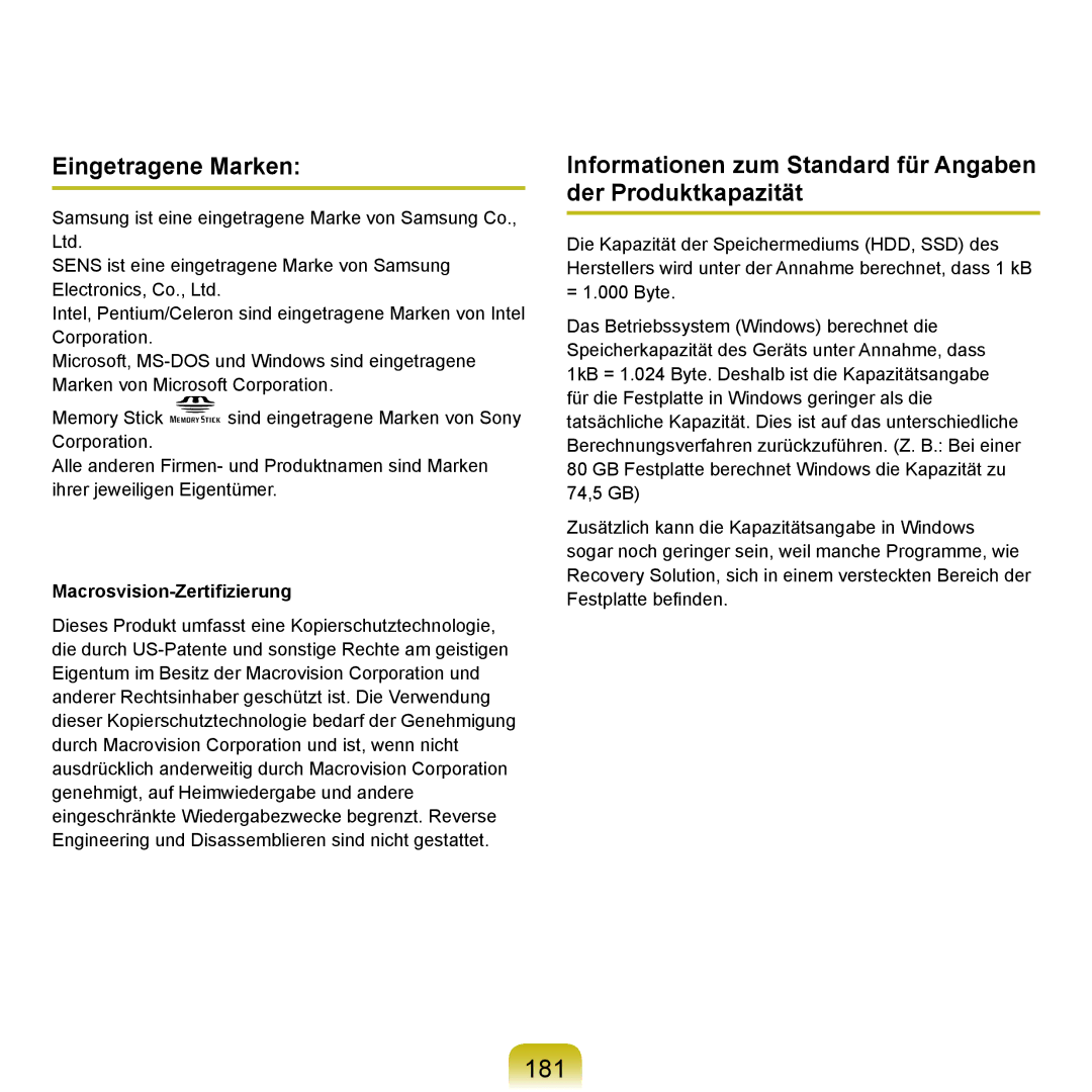 Samsung NP-P400-RA02DE manual 181, Eingetragene Marken, Informationen zum Standard für Angaben der Produktkapazität 