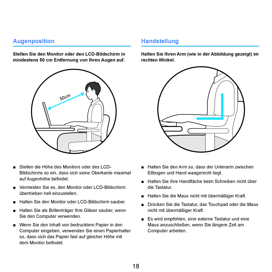 Samsung NP-P400-RA01DE, NP-P400-RA02DE manual Augenposition, Handstellung 