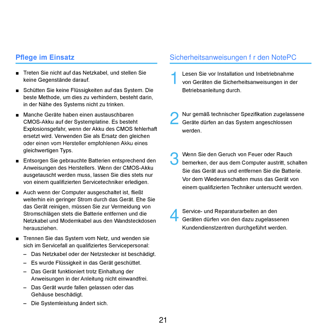 Samsung NP-P400-RA02DE, NP-P400-RA01DE manual Pflege im Einsatz, Sicherheitsanweisungen für den NotePC 