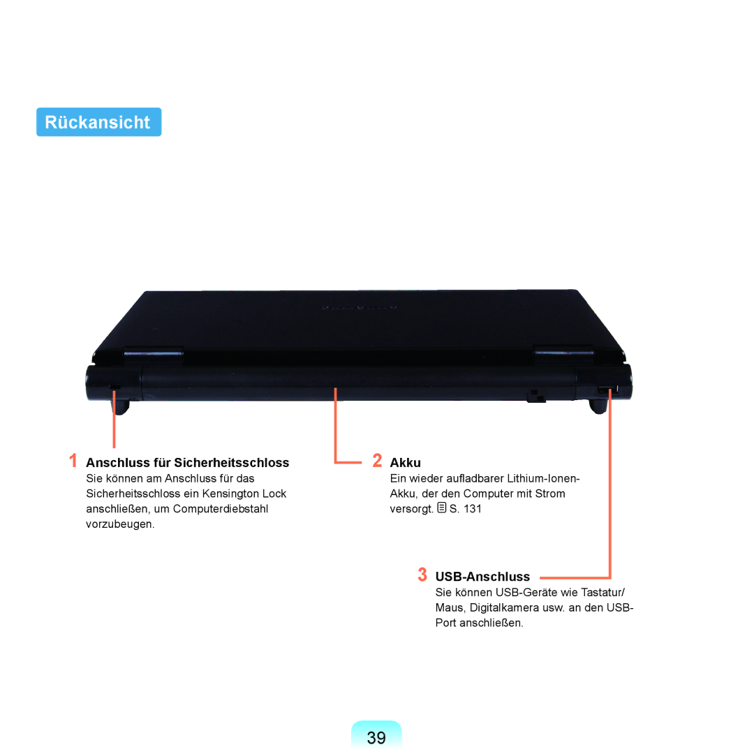 Samsung NP-P400-RA02DE, NP-P400-RA01DE manual Rückansicht, Anschluss für Sicherheitsschloss, Akku 