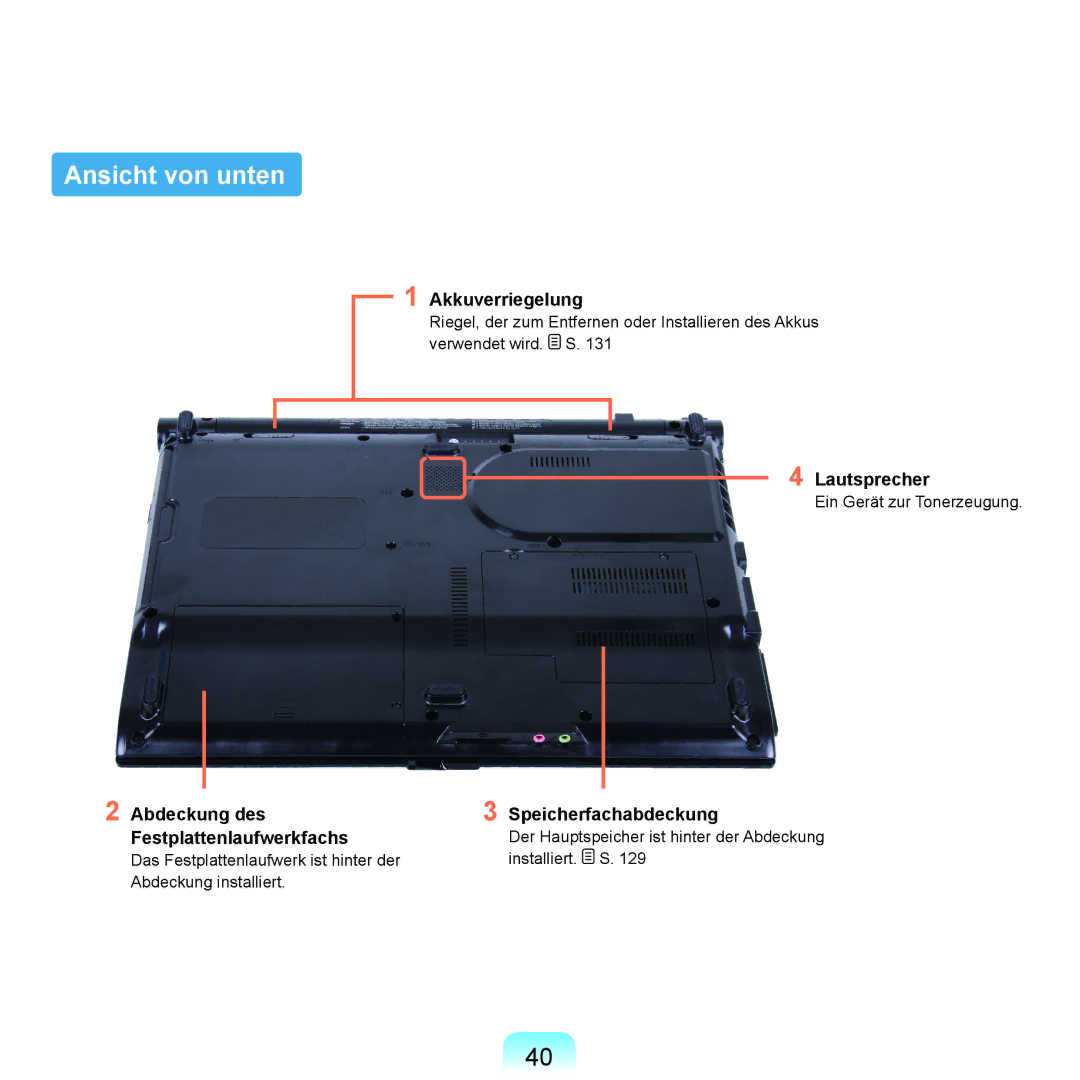 Samsung NP-P400-RA01DE manual Ansicht von unten, Akkuverriegelung, Lautsprecher, Abdeckung des Festplattenlaufwerkfachs 