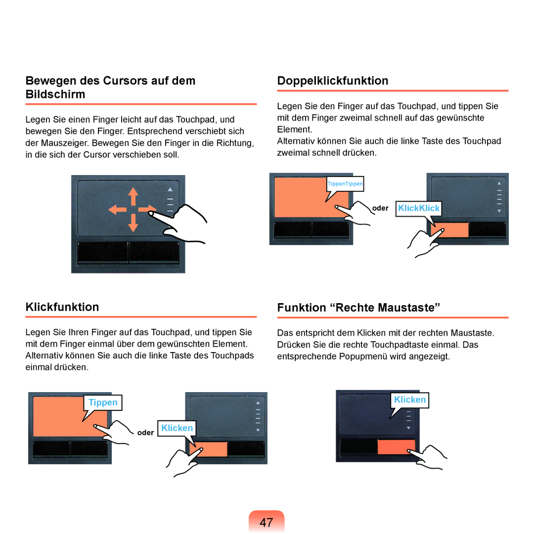 Samsung NP-P400-RA02DE, NP-P400-RA01DE manual Bewegen des Cursors auf dem Bildschirm, Doppelklickfunktion, Klickfunktion 