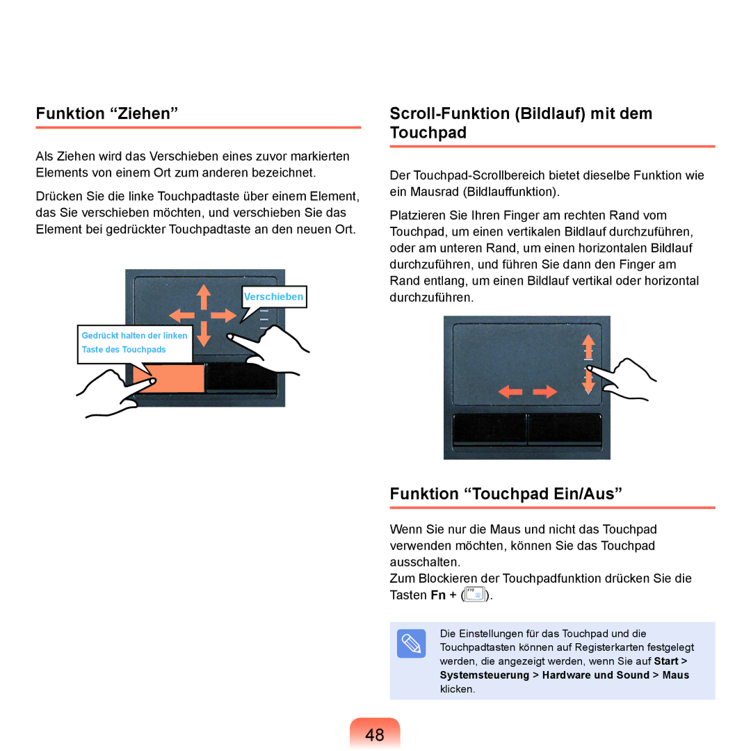 Samsung NP-P400-RA01DE manual Funktion Ziehen, Scroll-Funktion Bildlauf mit dem Touchpad, Funktion Touchpad Ein/Aus 