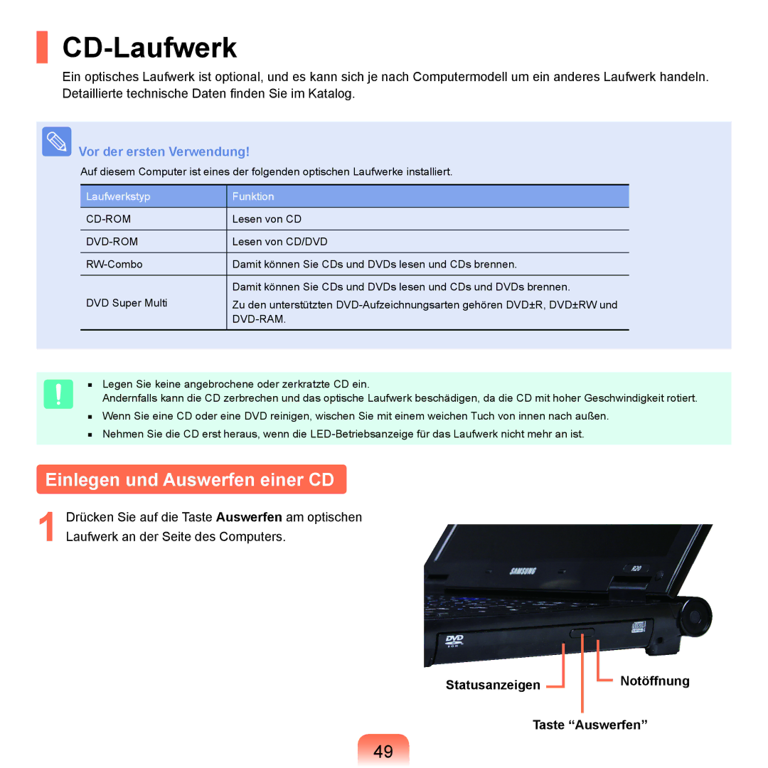 Samsung NP-P400-RA02DE manual CD-Laufwerk, Einlegen und Auswerfen einer CD, Statusanzeigen Notöffnung Taste Auswerfen 