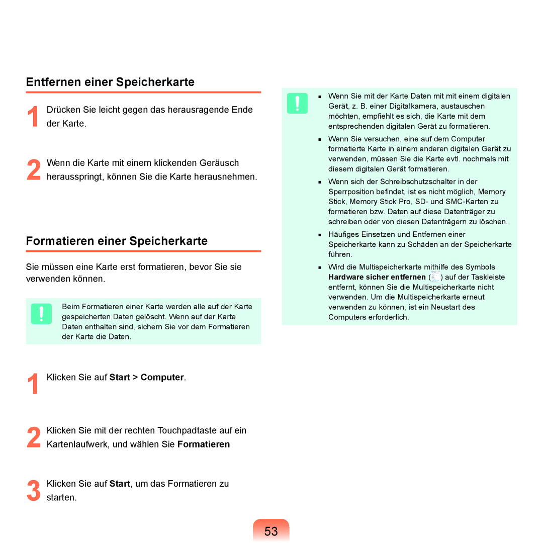 Samsung NP-P400-RA02DE, NP-P400-RA01DE manual Entfernen einer Speicherkarte, Formatieren einer Speicherkarte 