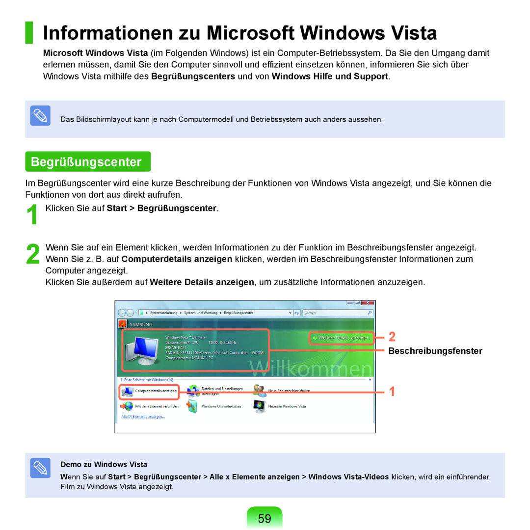 Samsung NP-P400-RA02DE manual Informationen zu Microsoft Windows Vista, Klicken Sie auf Start Begrüßungscenter 