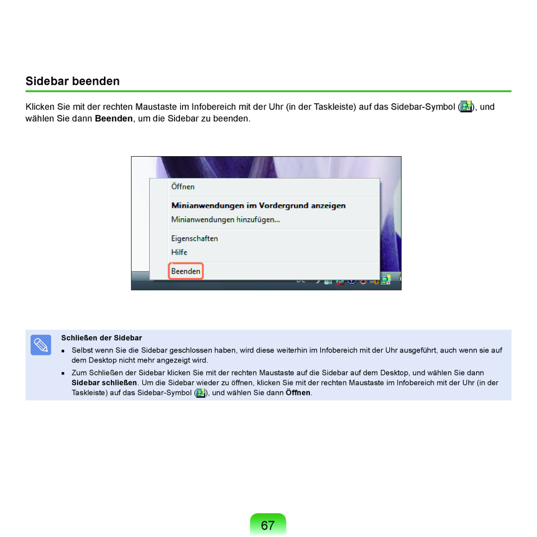 Samsung NP-P400-RA02DE, NP-P400-RA01DE manual Sidebar beenden, Schließen der Sidebar 