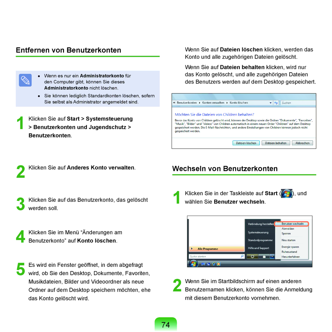 Samsung NP-P400-RA01DE, NP-P400-RA02DE manual Entfernen von Benutzerkonten, Wechseln von Benutzerkonten 