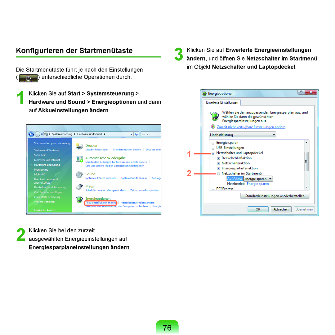 Samsung NP-P400-RA01DE, NP-P400-RA02DE manual Konfigurieren der Startmenütaste 