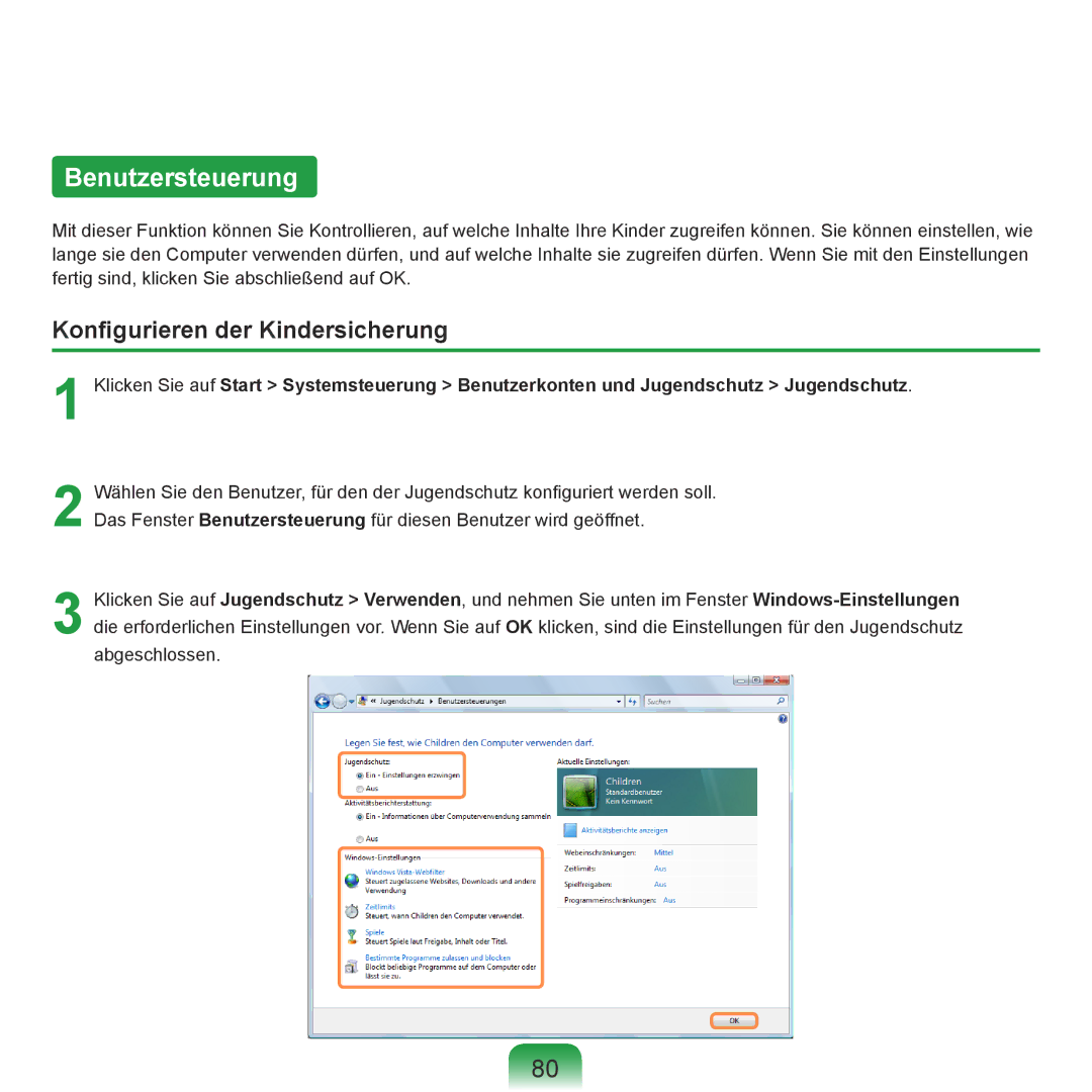 Samsung NP-P400-RA01DE, NP-P400-RA02DE manual Benutzersteuerung, Konfigurieren der Kindersicherung 