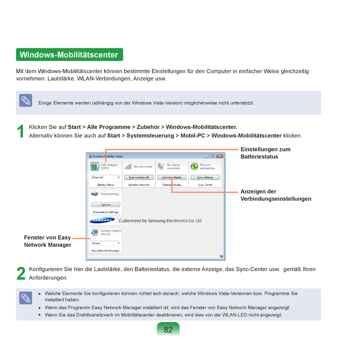 Samsung NP-P400-RA01DE, NP-P400-RA02DE manual Windows-Mobilitätscenter 