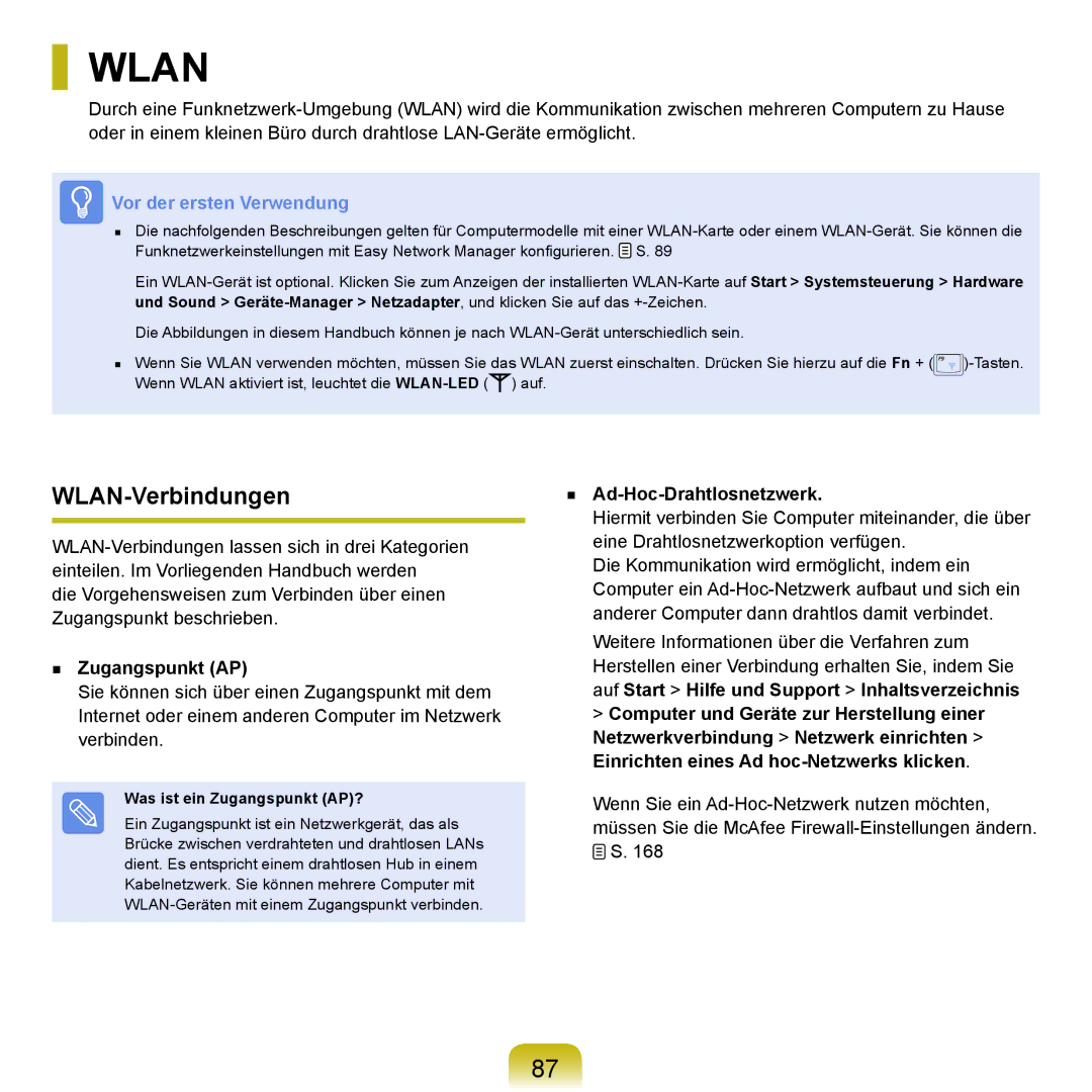 Samsung NP-P400-RA02DE, NP-P400-RA01DE manual WLAN-Verbindungen, Ad-Hoc-Drahtlosnetzwerk, Was ist ein Zugangspunkt AP? 