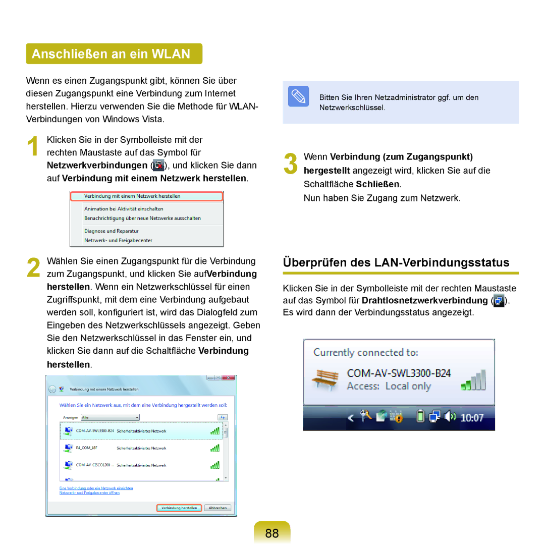 Samsung NP-P400-RA01DE, NP-P400-RA02DE manual Anschließen an ein Wlan, Überprüfen des LAN-Verbindungsstatus, Herstellen 