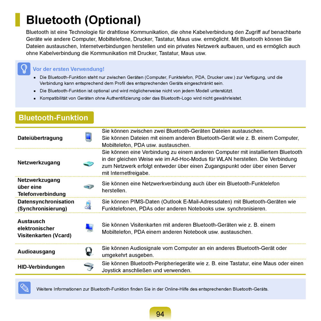 Samsung NP-P400-RA01DE, NP-P400-RA02DE manual Bluetooth Optional, Bluetooth-Funktion 