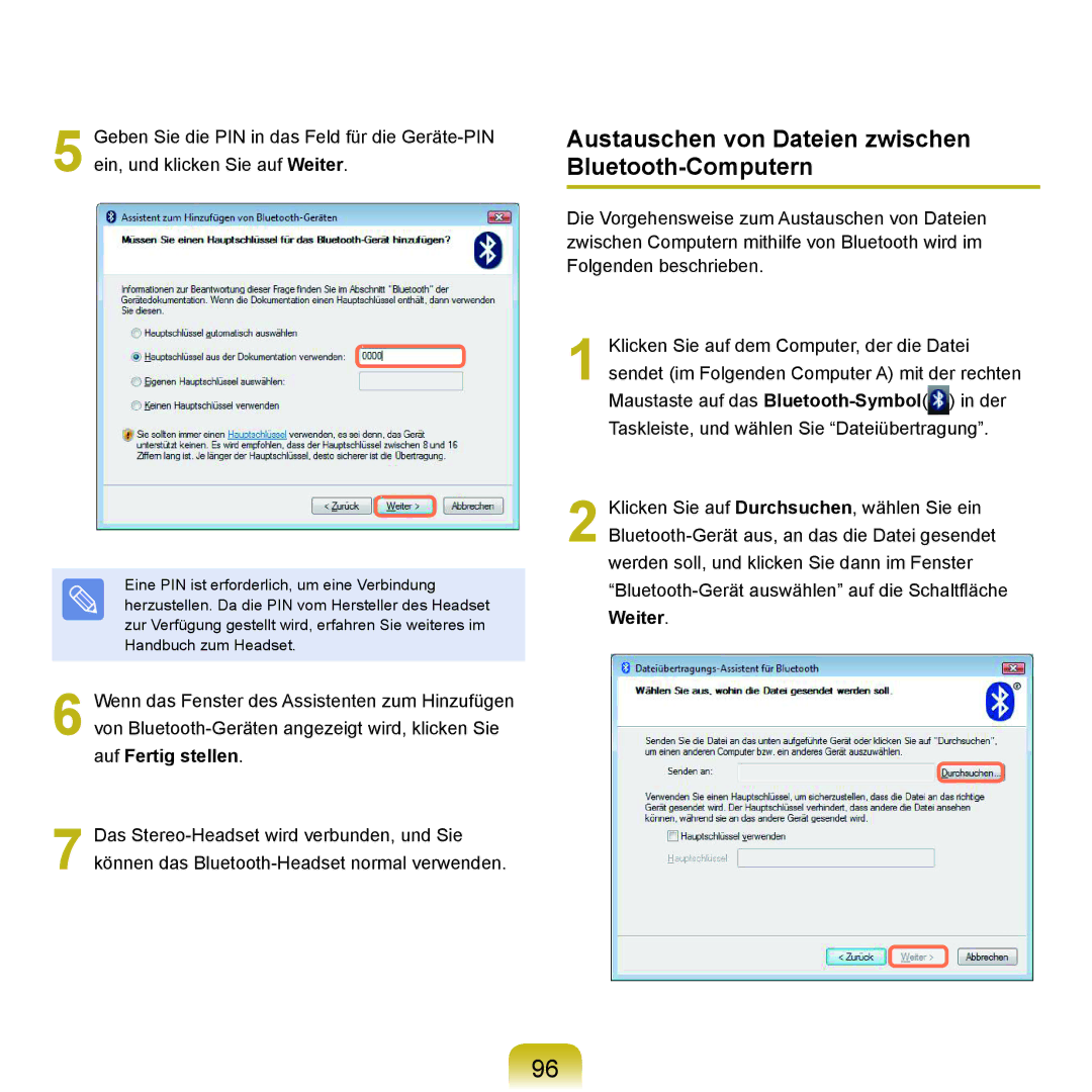 Samsung NP-P400-RA01DE, NP-P400-RA02DE manual Austauschen von Dateien zwischen Bluetooth-Computern 