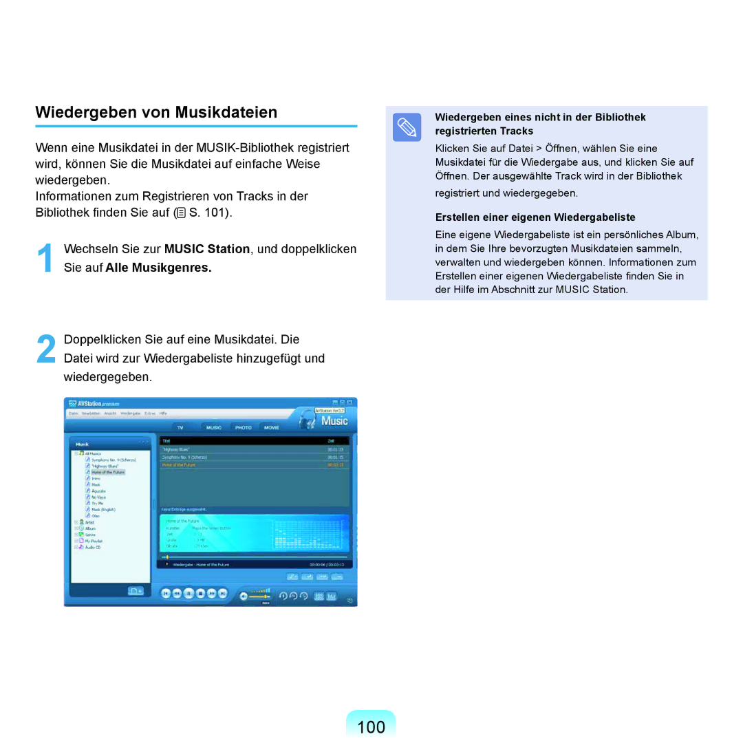 Samsung NP-P400-RA01DE, NP-P400-RA02DE manual 100, Wiedergeben von Musikdateien, Erstellen einer eigenen Wiedergabeliste 