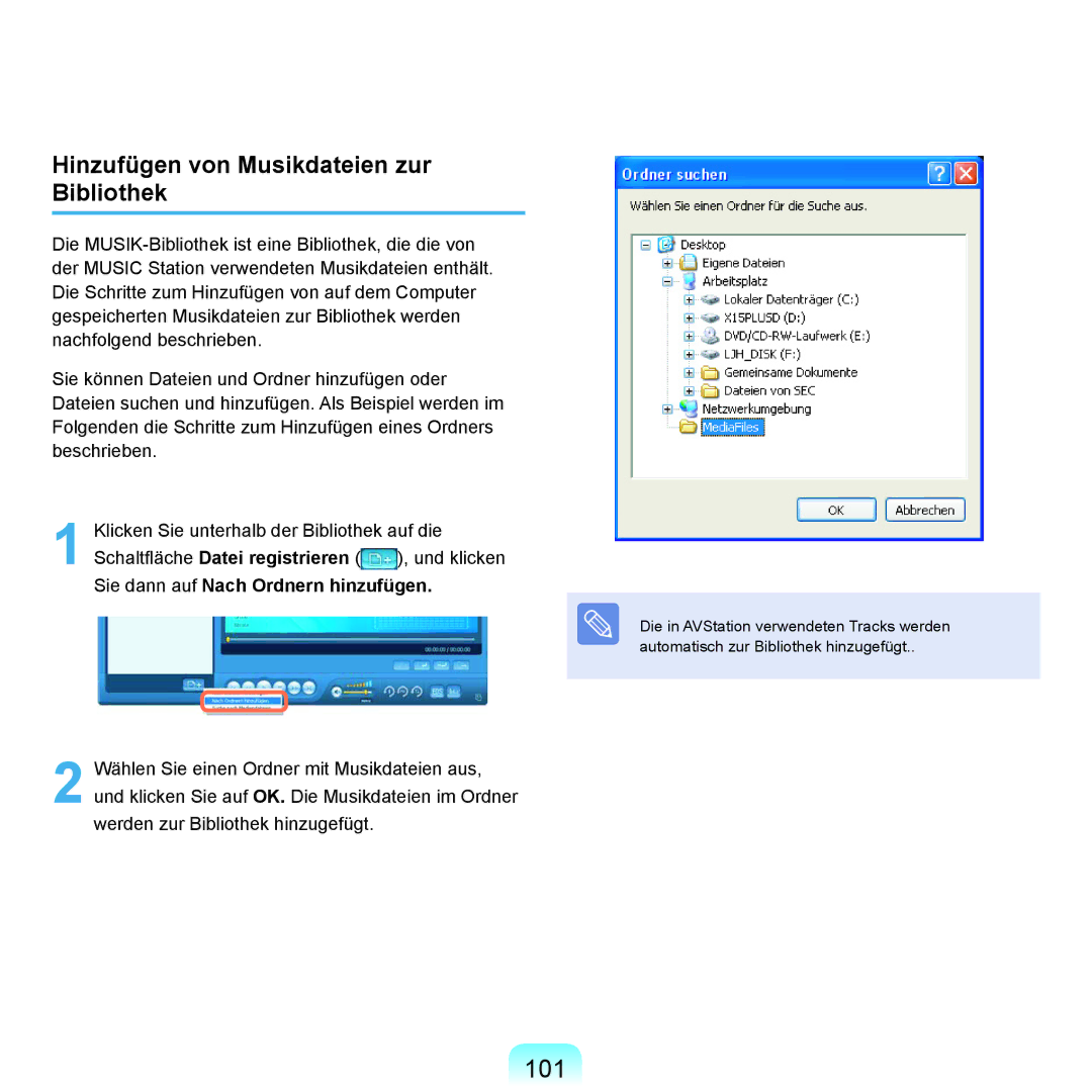 Samsung NP-P400-RA02DE, NP-P400-RA01DE manual 101, Hinzufügen von Musikdateien zur Bibliothek 