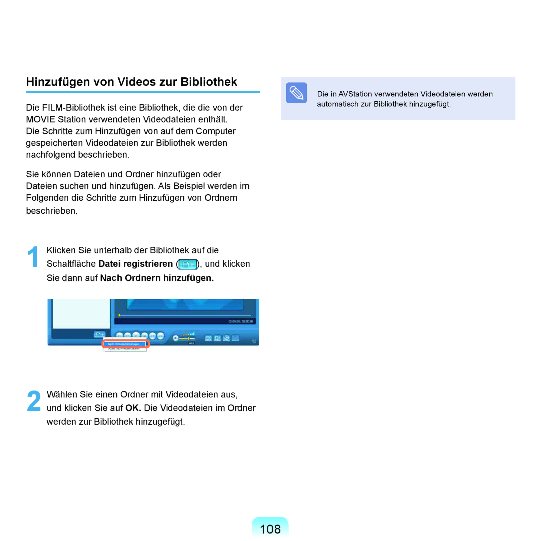 Samsung NP-P400-RA01DE, NP-P400-RA02DE manual 108, Hinzufügen von Videos zur Bibliothek 