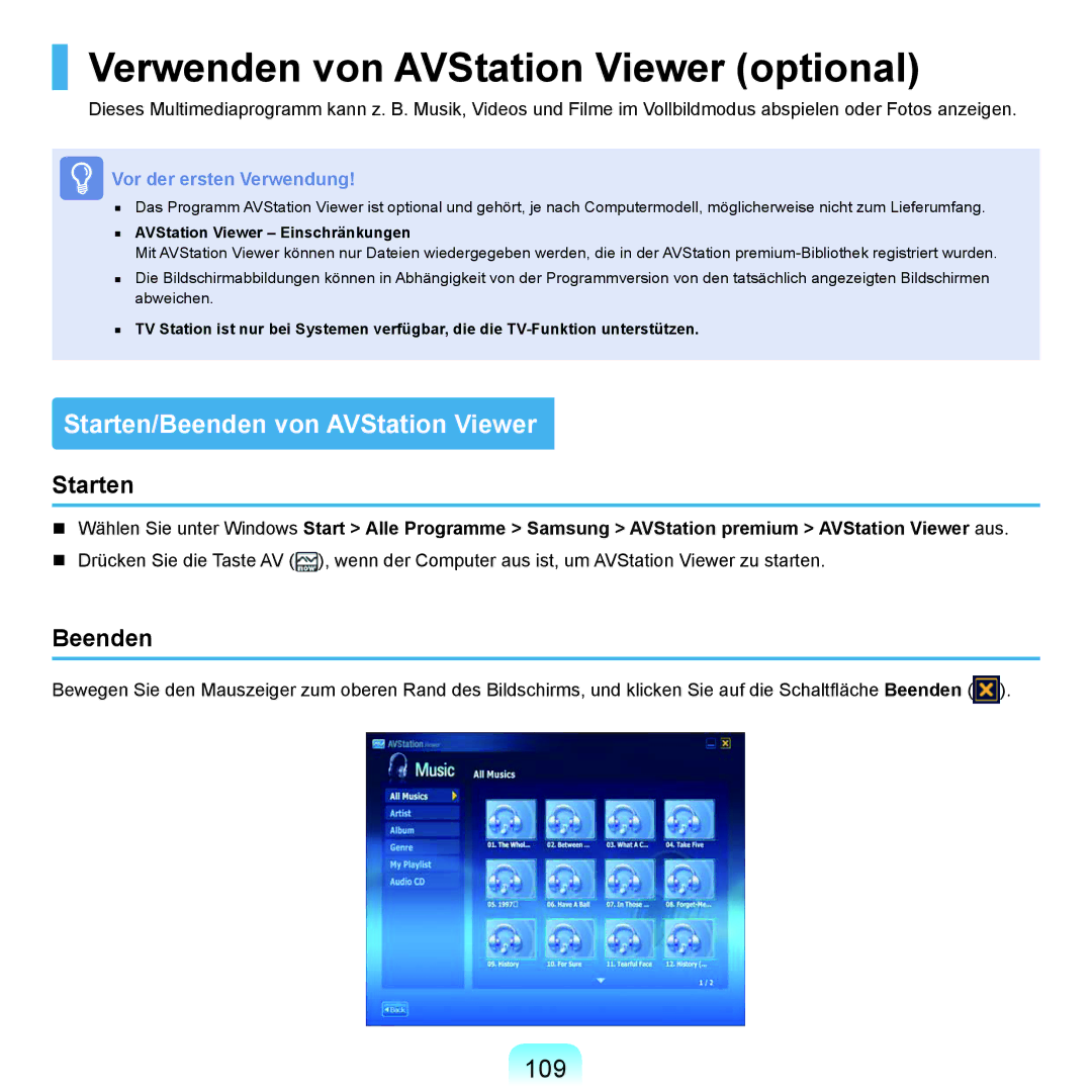 Samsung NP-P400-RA02DE, NP-P400-RA01DE Verwenden von AVStation Viewer optional, Starten/Beenden von AVStation Viewer, 109 