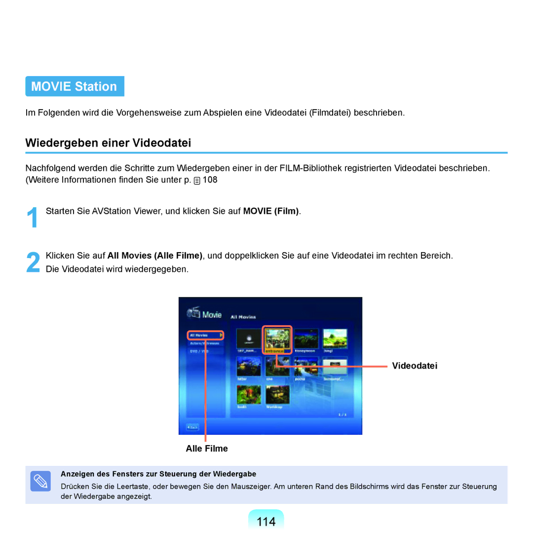 Samsung NP-P400-RA01DE, NP-P400-RA02DE manual 114, Videodatei Alle Filme, Anzeigen des Fensters zur Steuerung der Wiedergabe 