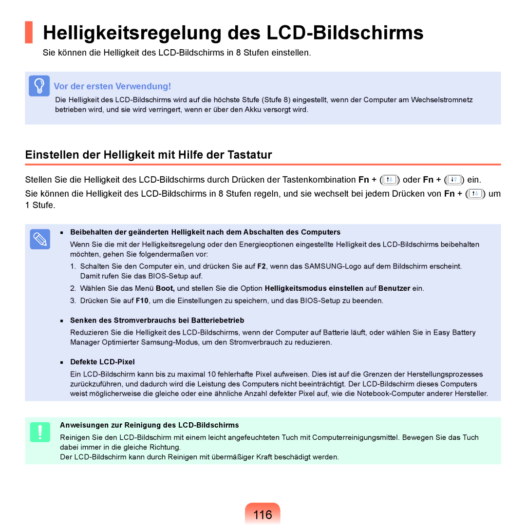 Samsung NP-P400-RA01DE Helligkeitsregelung des LCD-Bildschirms, 116, Einstellen der Helligkeit mit Hilfe der Tastatur 