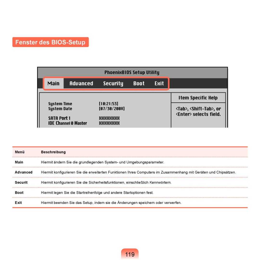 Samsung NP-P400-RA02DE, NP-P400-RA01DE manual Fenster des BIOS-Setup, 119 