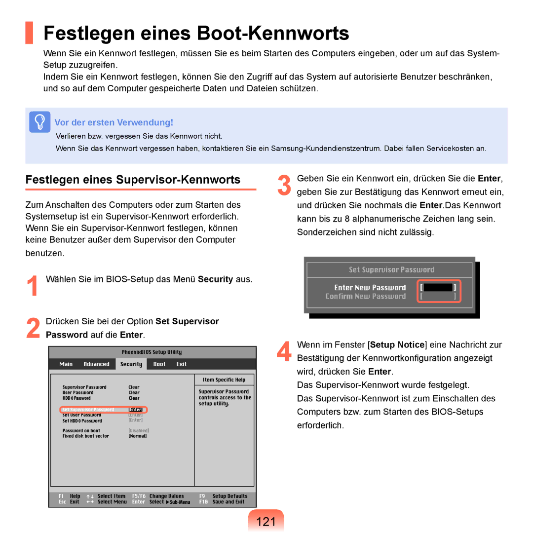 Samsung NP-P400-RA02DE, NP-P400-RA01DE manual Festlegen eines Boot-Kennworts, 121, Festlegen eines Supervisor-Kennworts 