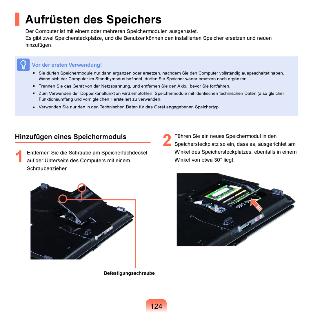 Samsung NP-P400-RA01DE, NP-P400-RA02DE manual Aufrüsten des Speichers, 124, Hinzufügen eines Speichermoduls 