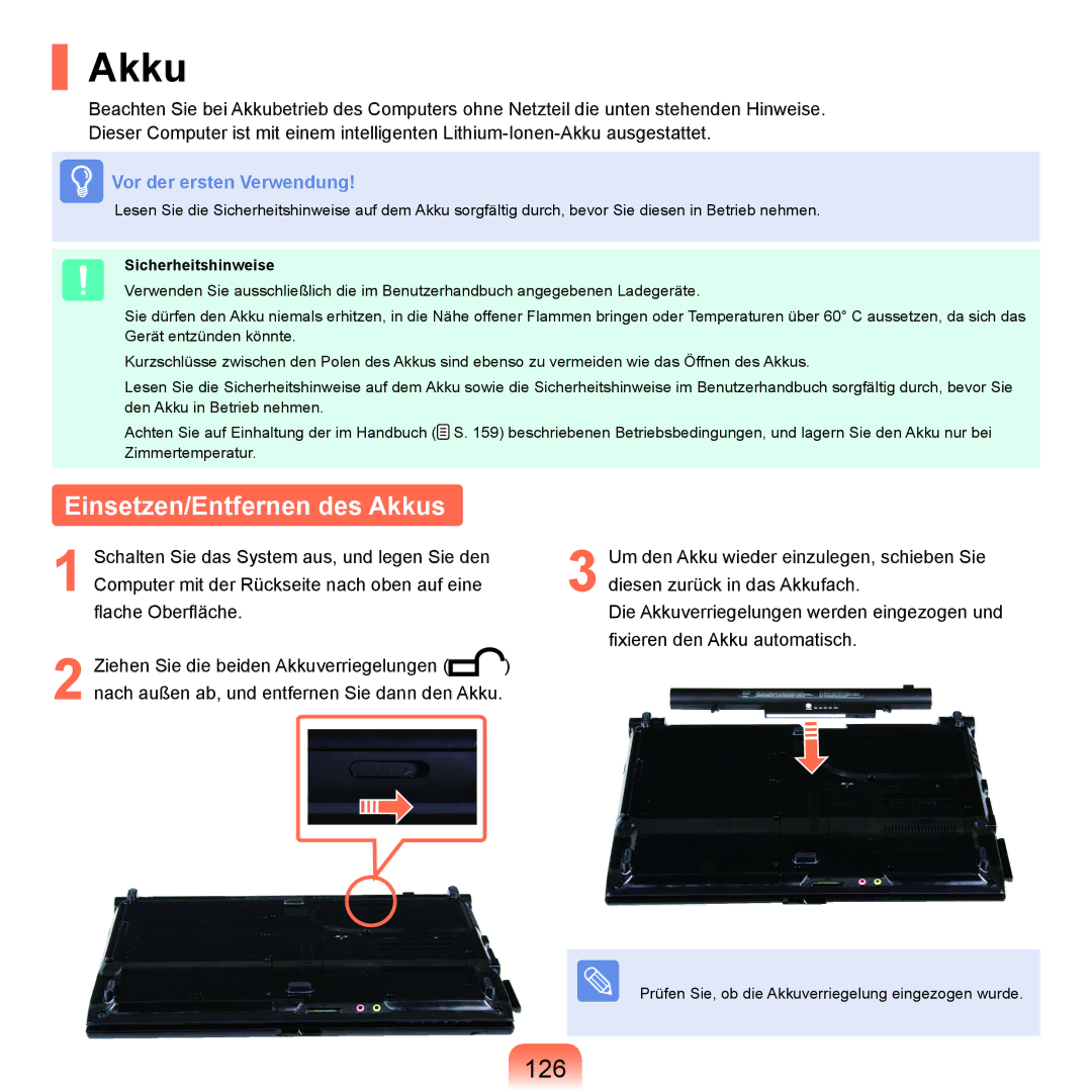 Samsung NP-P400-RA01DE, NP-P400-RA02DE manual Einsetzen/Entfernen des Akkus, 126 