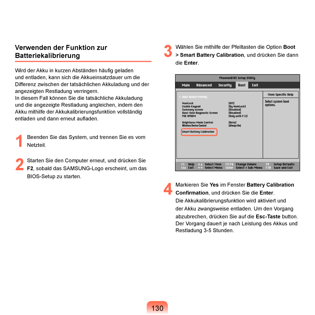 Samsung NP-P400-RA01DE, NP-P400-RA02DE manual 130, Verwenden der Funktion zur Batteriekalibrierung 