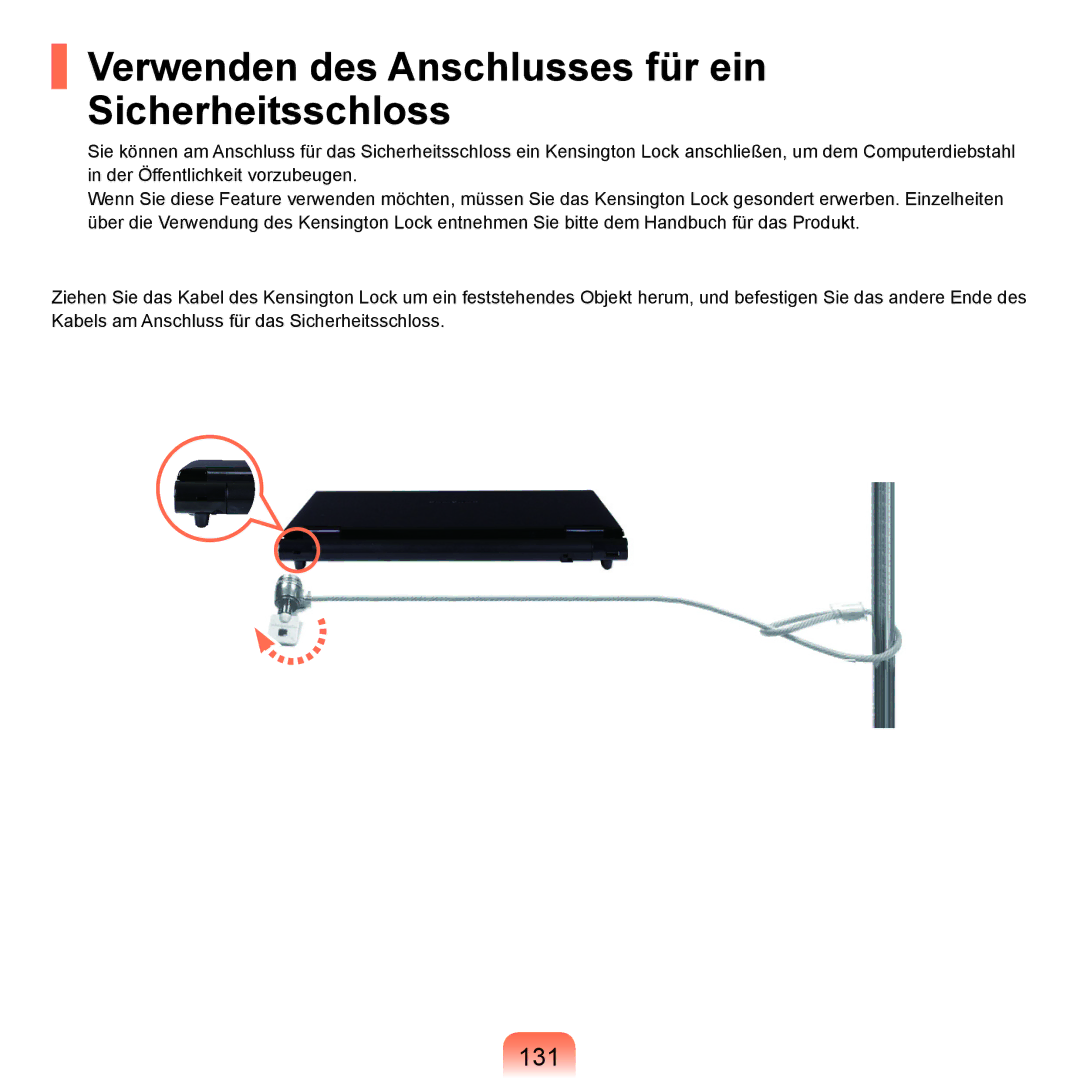 Samsung NP-P400-RA02DE, NP-P400-RA01DE manual Verwenden des Anschlusses für ein Sicherheitsschloss, 131 