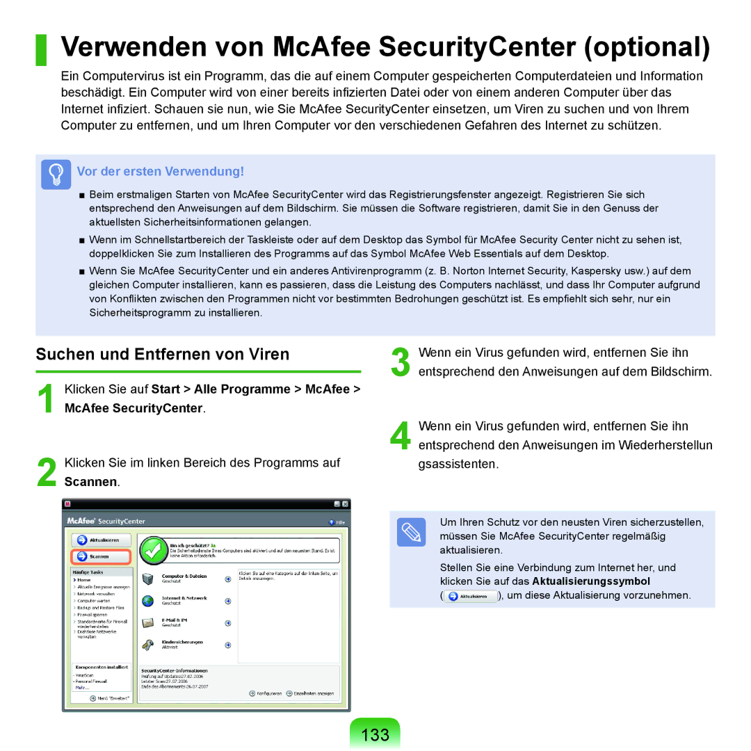 Samsung NP-P400-RA02DE, NP-P400-RA01DE Verwenden von McAfee SecurityCenter optional, 133, Suchen und Entfernen von Viren 