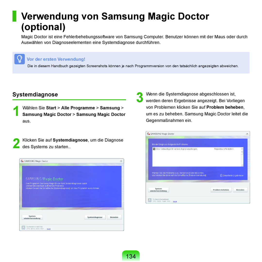 Samsung NP-P400-RA01DE, NP-P400-RA02DE manual Verwendung von Samsung Magic Doctor optional, 134, Systemdiagnose 