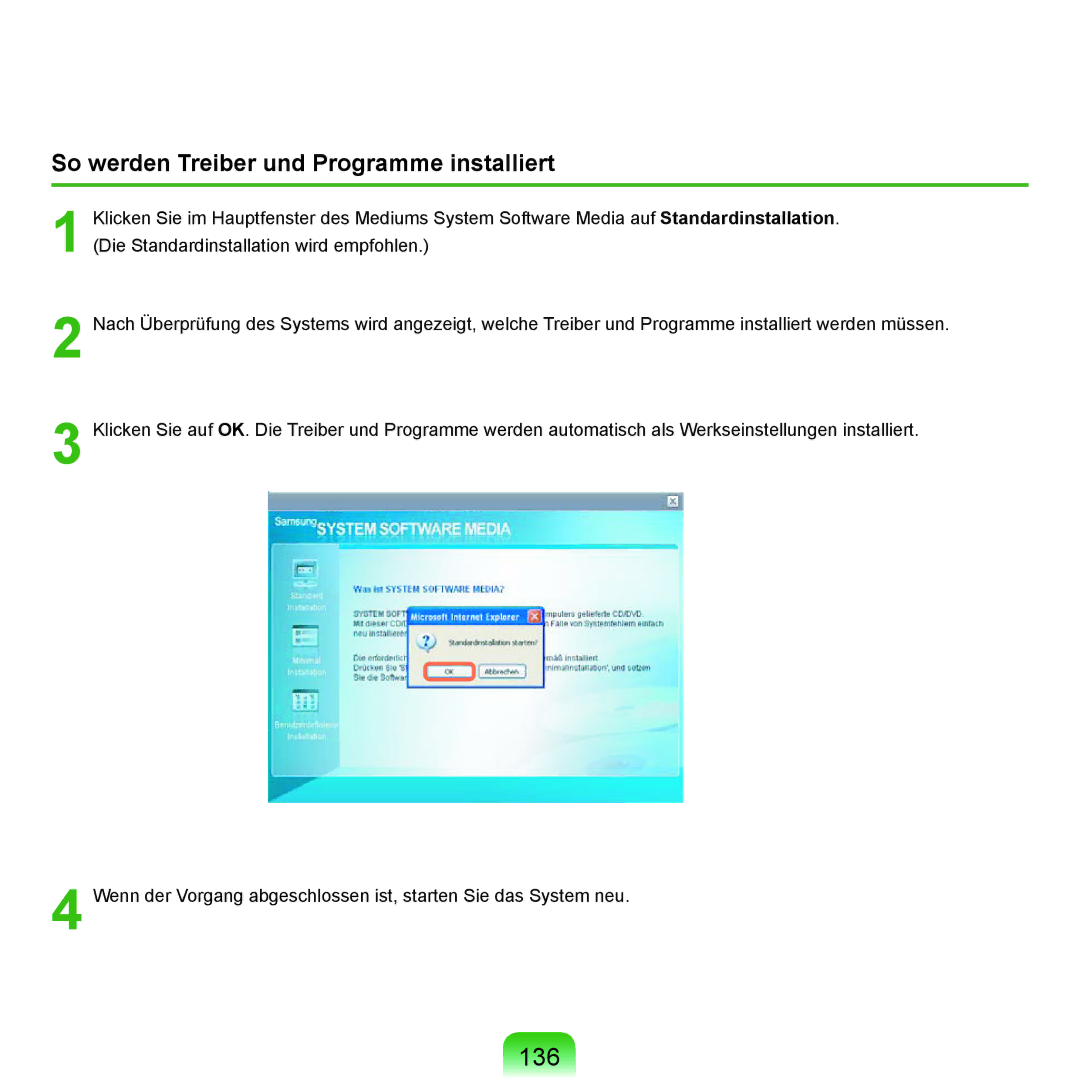 Samsung NP-P400-RA01DE, NP-P400-RA02DE manual 136, So werden Treiber und Programme installiert 