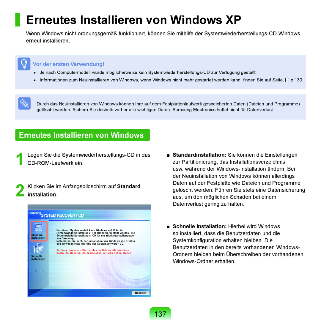 Samsung NP-P400-RA02DE, NP-P400-RA01DE manual Erneutes Installieren von Windows XP, 137 