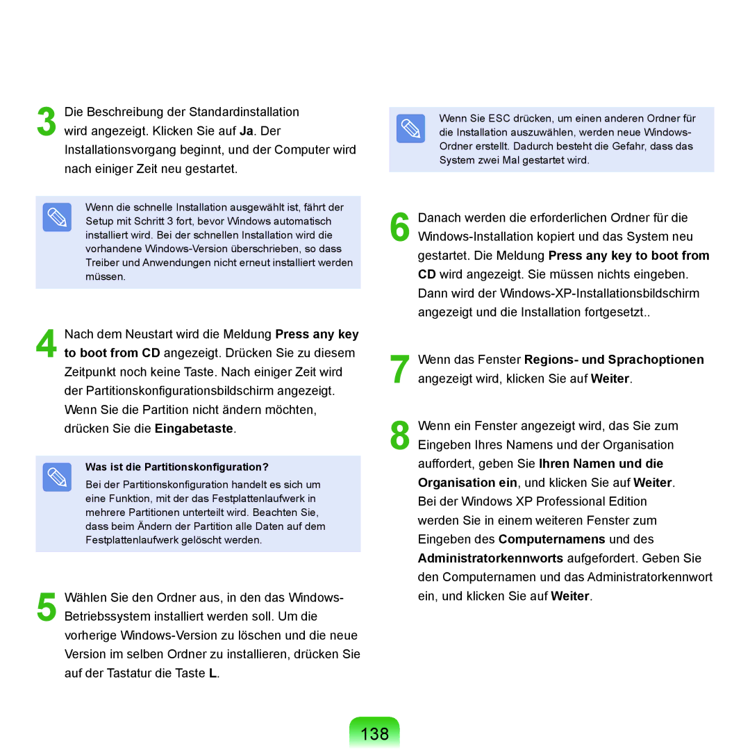 Samsung NP-P400-RA01DE, NP-P400-RA02DE manual 138, Was ist die Partitionskonfiguration? 