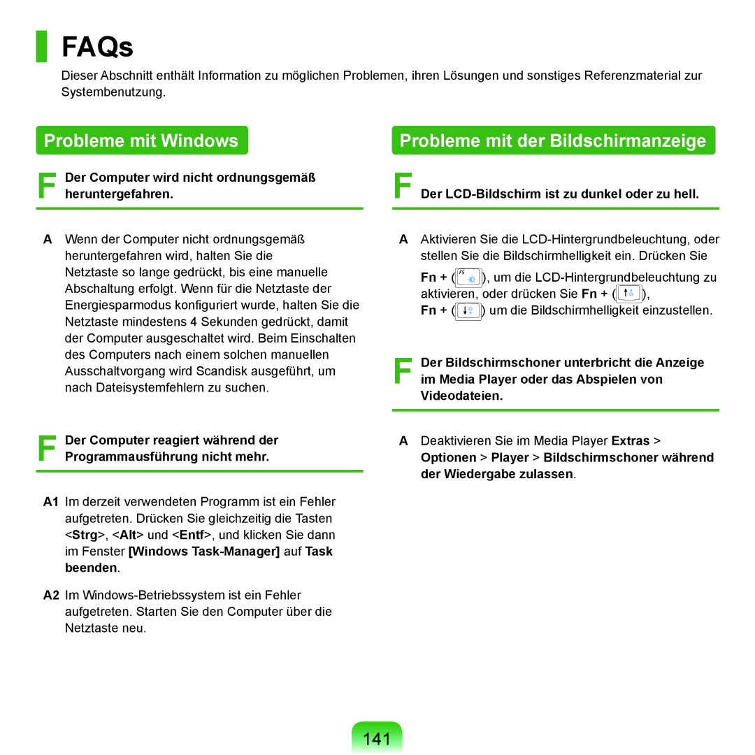 Samsung NP-P400-RA02DE, NP-P400-RA01DE manual FAQs, Probleme mit Windows, Probleme mit der Bildschirmanzeige, 141 