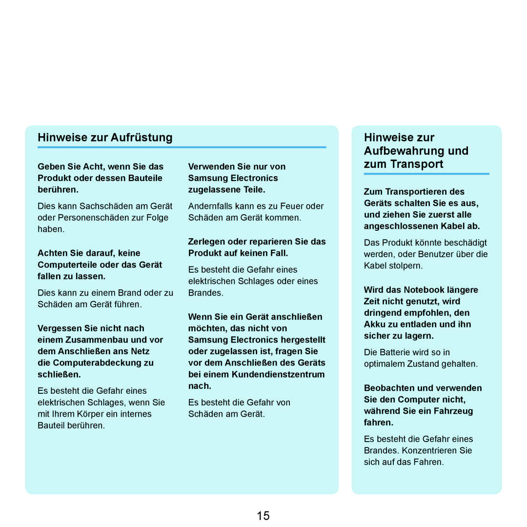 Samsung NP-P400-RA02DE, NP-P400-RA01DE manual Hinweise zur Aufrüstung Hinweise zur Aufbewahrung und, Zum Transport 