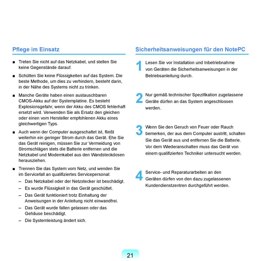 Samsung NP-P400-RA02DE, NP-P400-RA01DE manual Pflege im Einsatz, Sicherheitsanweisungen für den NotePC 