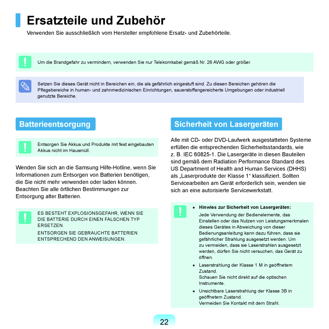 Samsung NP-P400-RA01DE manual Ersatzteile und Zubehör, Batterieentsorgung, Hinwies zur Sicherheit von Lasergeräten 