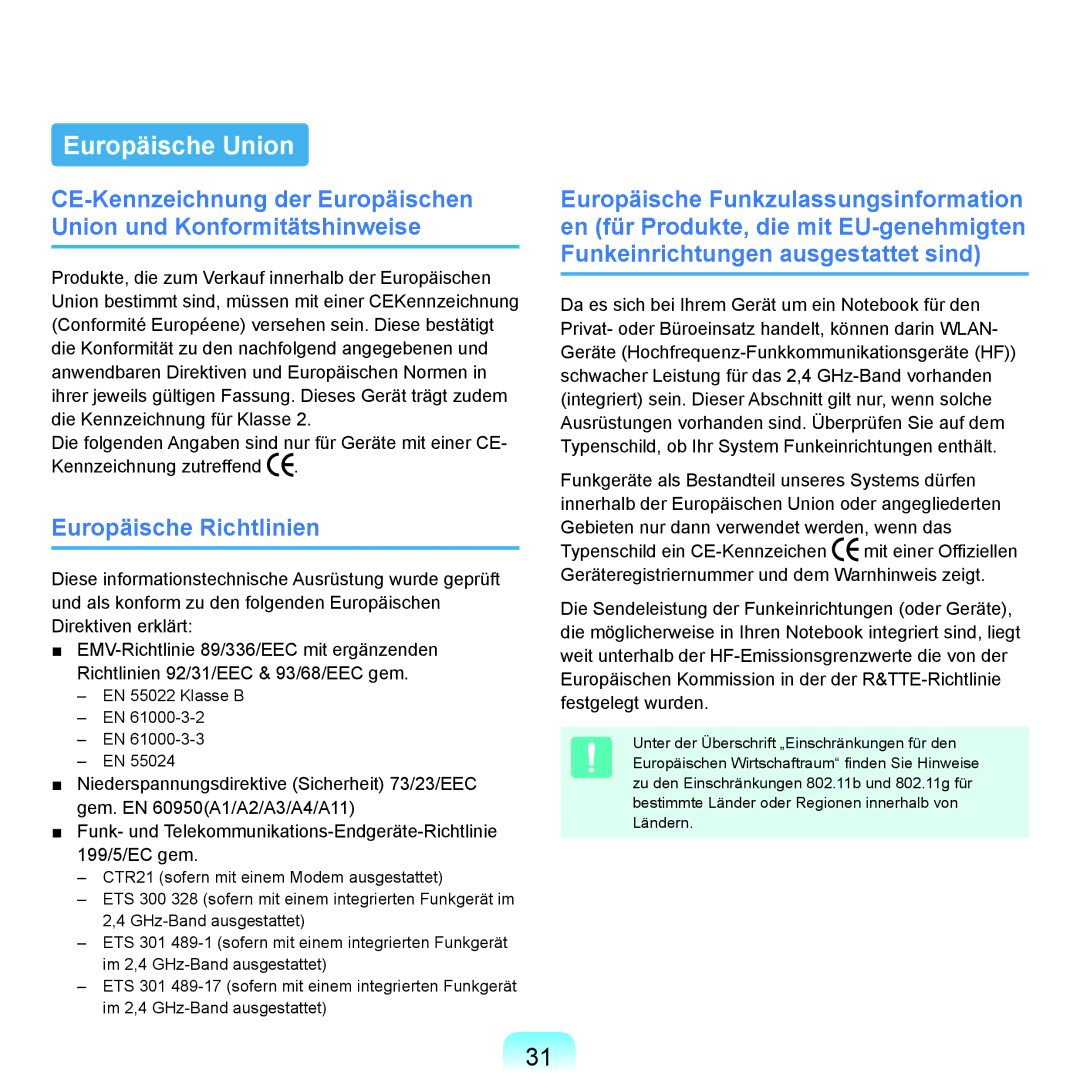 Samsung NP-P400-RA02DE, NP-P400-RA01DE manual Europäische Union, Europäische Richtlinien 