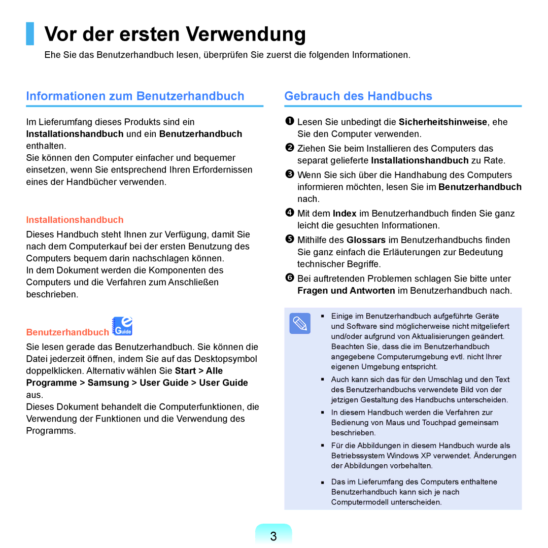 Samsung NP-P400-RA02DE manual Vor der ersten Verwendung, Informationen zum Benutzerhandbuch, Gebrauch des Handbuchs 