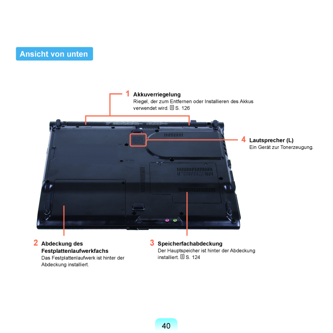 Samsung NP-P400-RA01DE manual Ansicht von unten, Akkuverriegelung, Lautsprecher L, Abdeckung des Festplattenlaufwerkfachs 