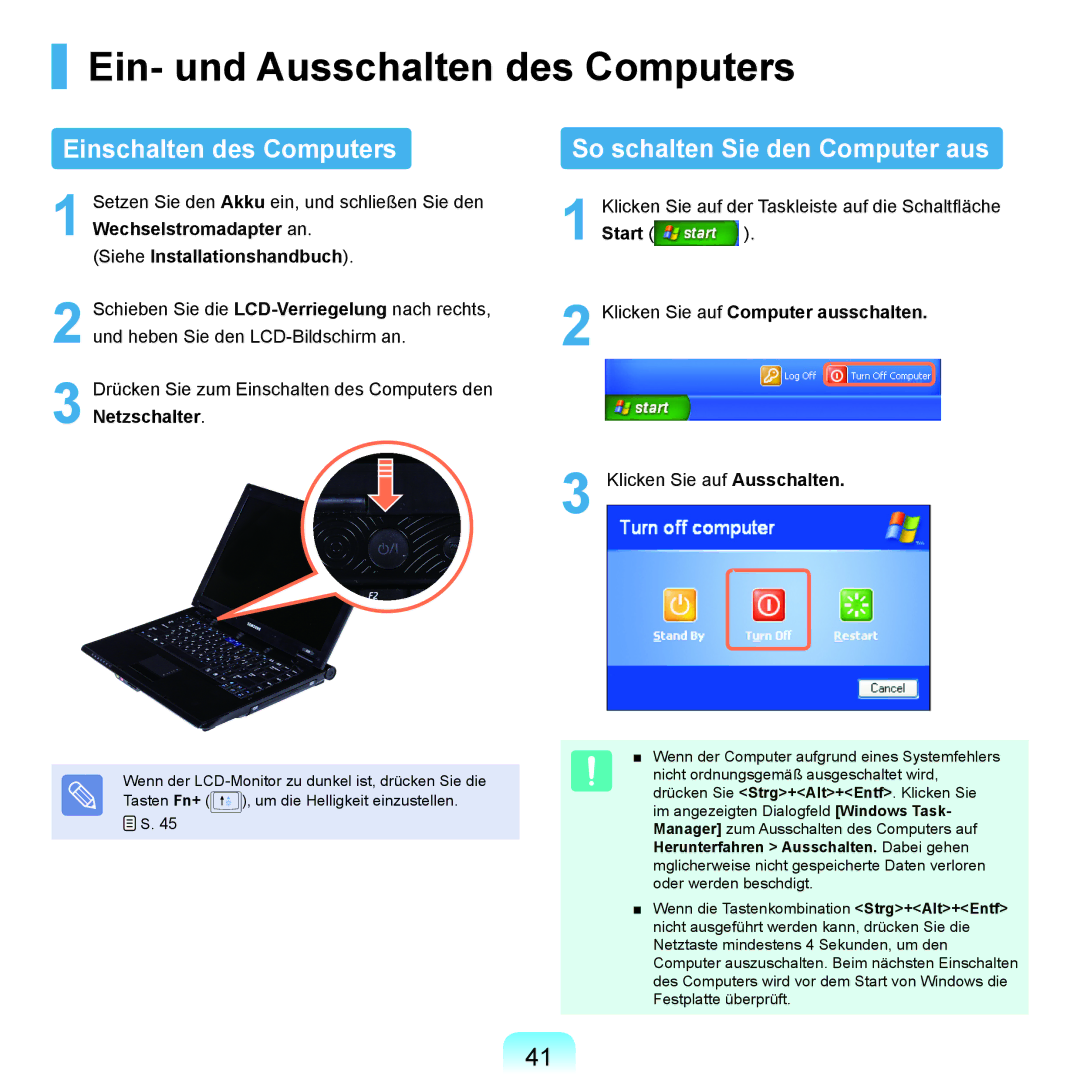 Samsung NP-P400-RA02DE Ein- und Ausschalten des Computers, Einschalten des Computers, So schalten Sie den Computer aus 