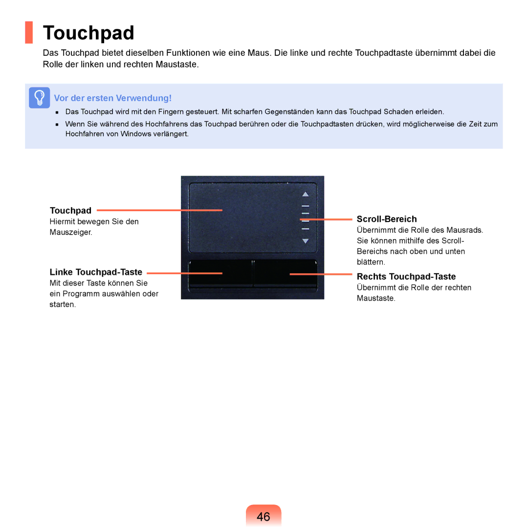 Samsung NP-P400-RA01DE, NP-P400-RA02DE manual Linke Touchpad-Taste, Scroll-Bereich, Rechts Touchpad-Taste 