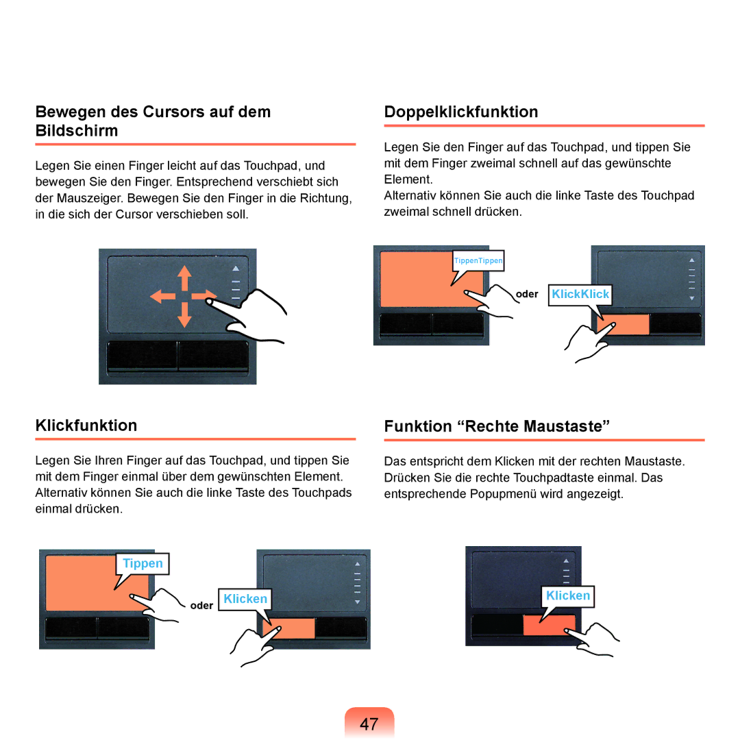 Samsung NP-P400-RA02DE, NP-P400-RA01DE manual Bewegen des Cursors auf dem Bildschirm, Doppelklickfunktion, Klickfunktion 