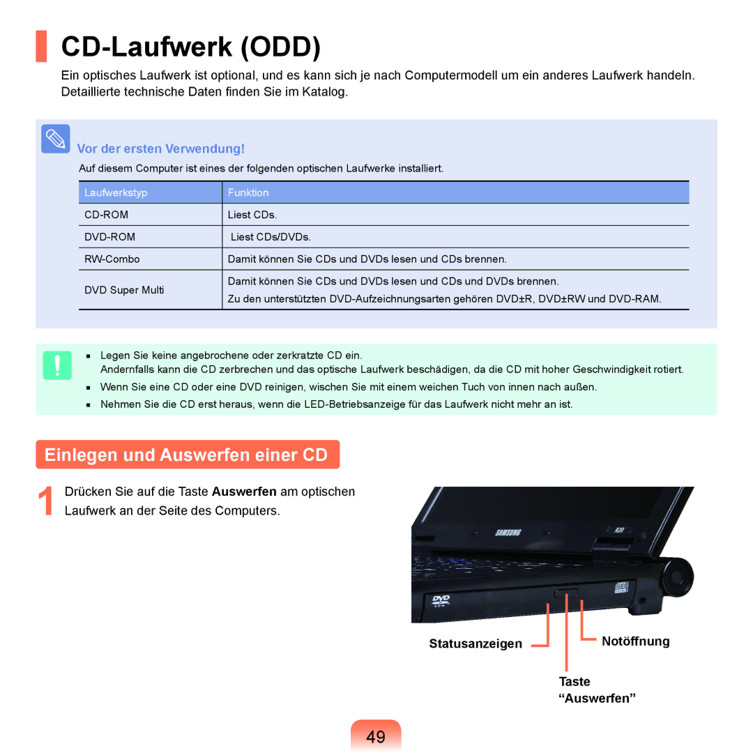 Samsung NP-P400-RA02DE manual CD-Laufwerk ODD, Einlegen und Auswerfen einer CD, Statusanzeigen Notöffnung Taste Auswerfen 