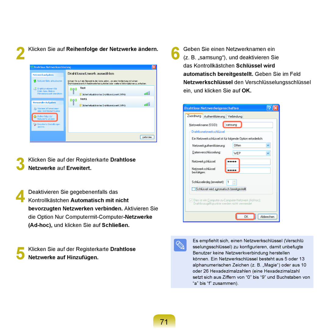 Samsung NP-P400-RA02DE, NP-P400-RA01DE manual Klicken Sie auf Reihenfolge der Netzwerke ändern, Netzwerke auf Hinzufügen 